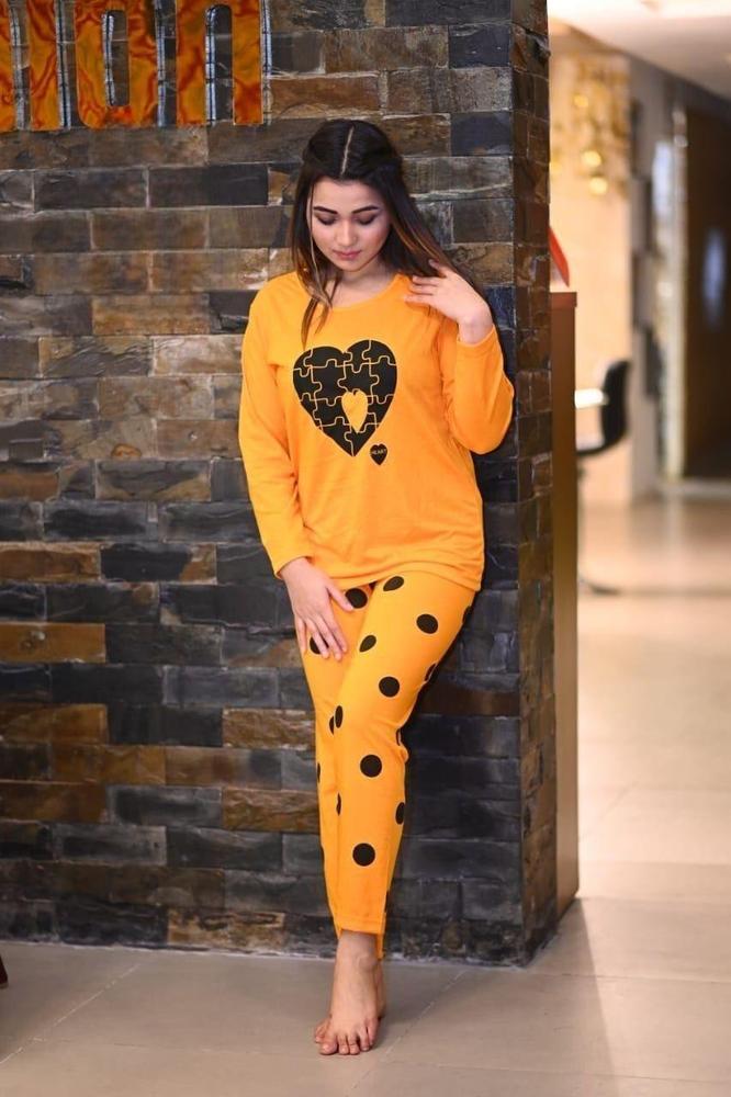 2 Pcs Women's Stitched Cotton Jersey Puzzle Heart Printed Night Suit