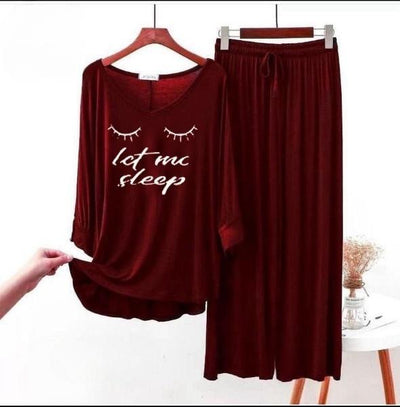 Comfortable 2 Pcs Women's Night Suit in Maroon Fleece with V-Neck