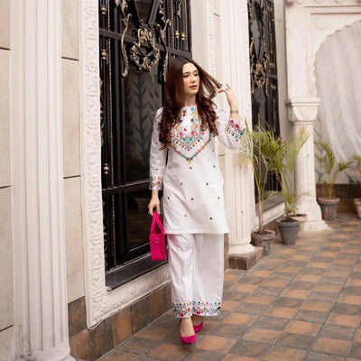 Elegant Women's Stitched Linen Embroidered Shirt And Trouser Set - 2 Pcs