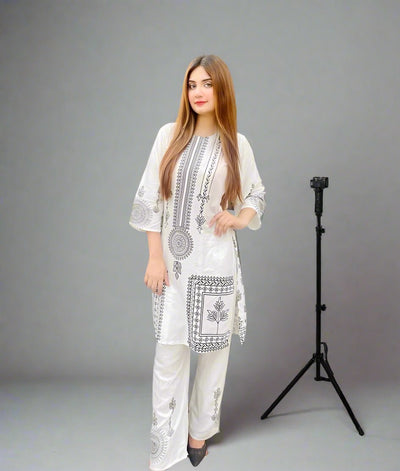 2 Pcs Women's Stitched Linen Printed Shirt And Trouser