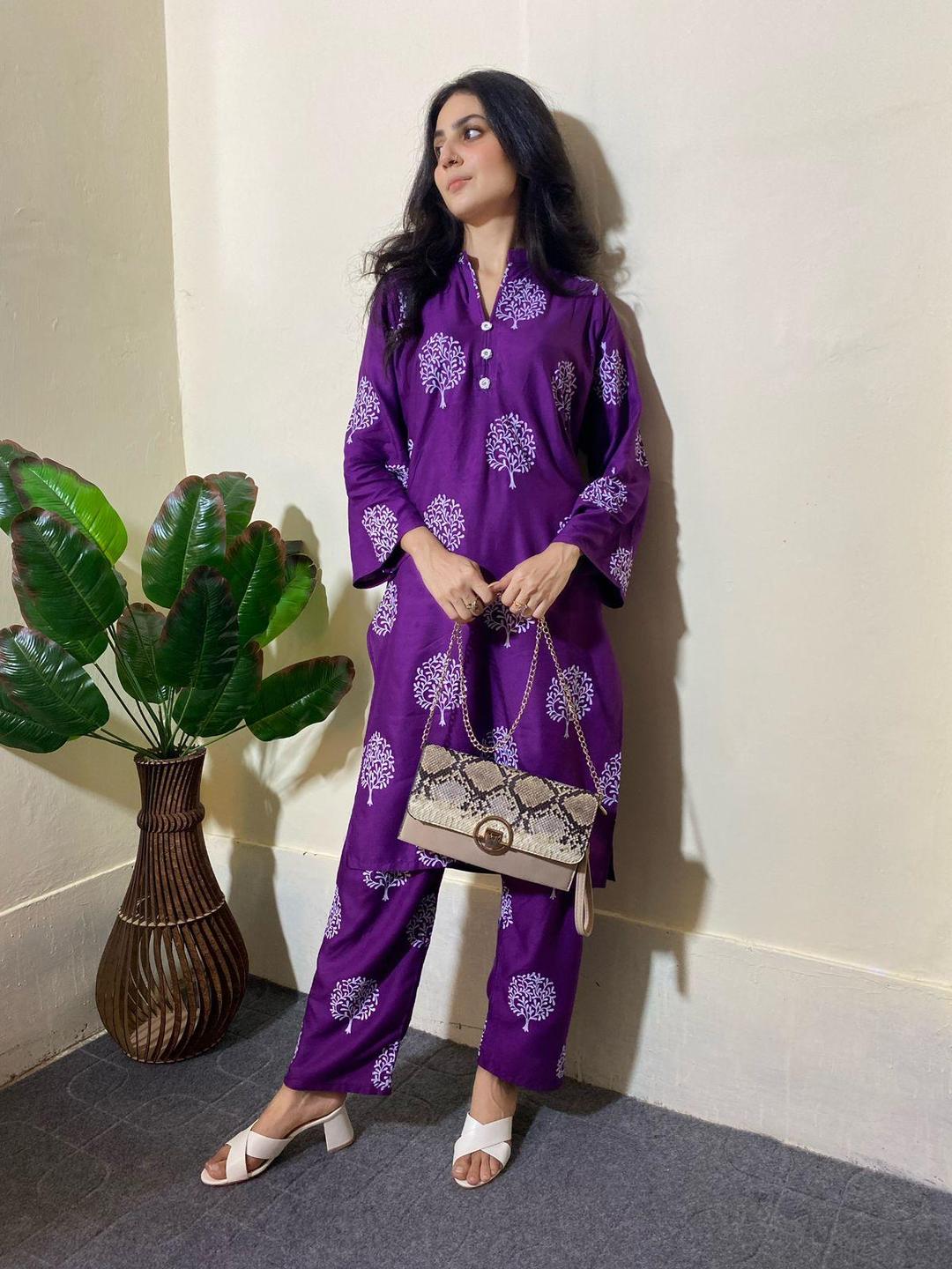 Elegant Purple Linen Shirt And Trouser Set - Printed Design